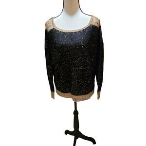 LTX Elegant Black Gold Trim Sweater Sparkling Metallic Knit Holiday Party M//L